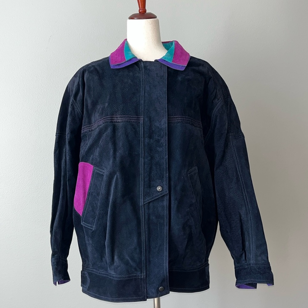 VTG Avanti Leather Colorblock Bomber Jacket / Blue Purple Pink / SZ M